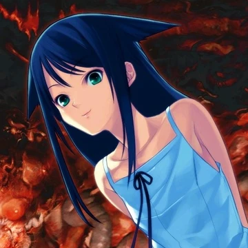 an image of saya from saya no uta. she is a young looking girl with long greenish black hair and a white sun dress